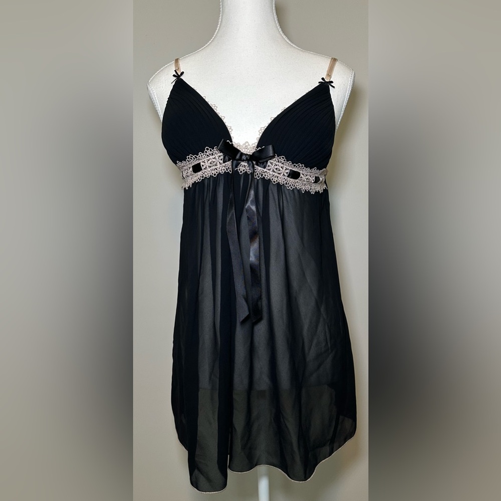 Y2K tank lingerie top bra black lace sheer‎ bow fairy goth grunge whimsigoth M